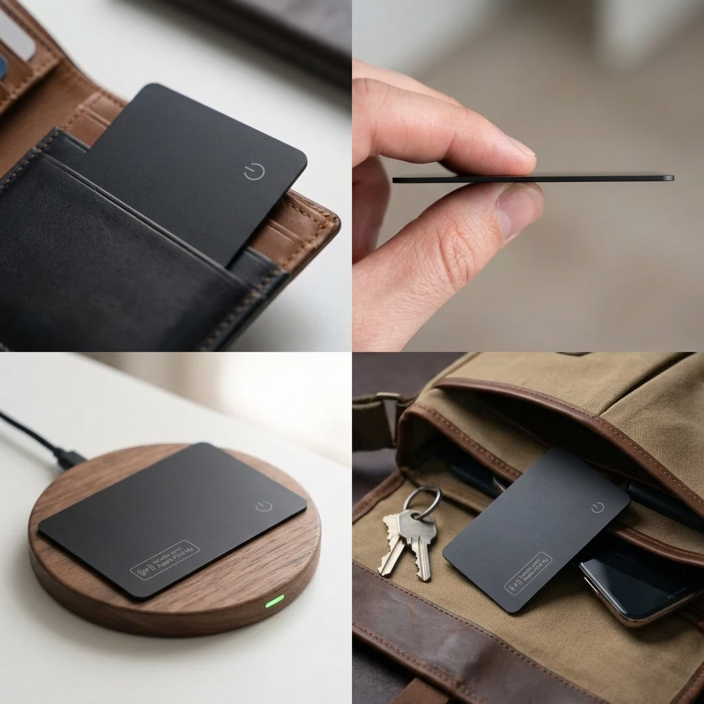 Tracker card inside a bag alongside keys and a phone