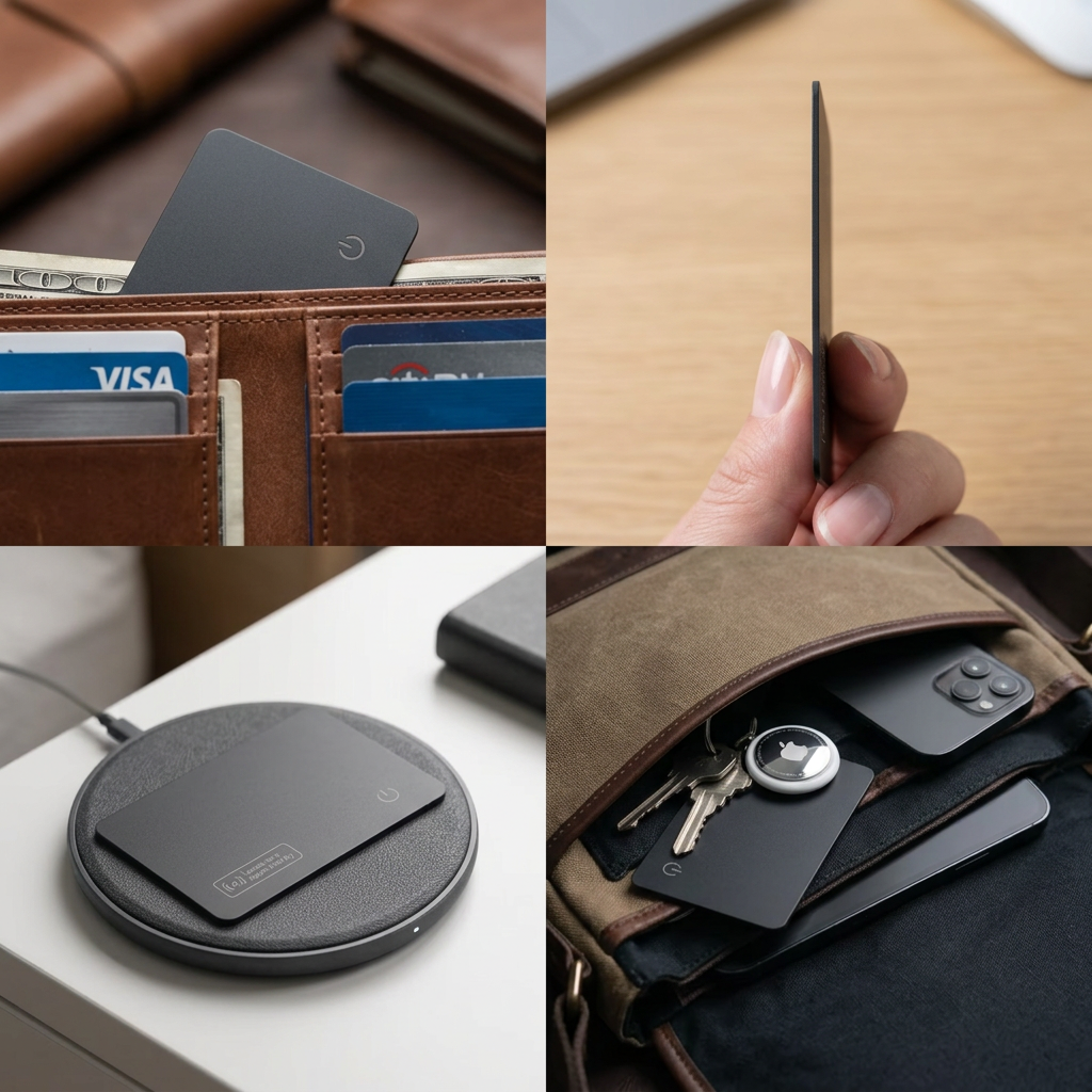Tracker card resting on a wireless charging pad