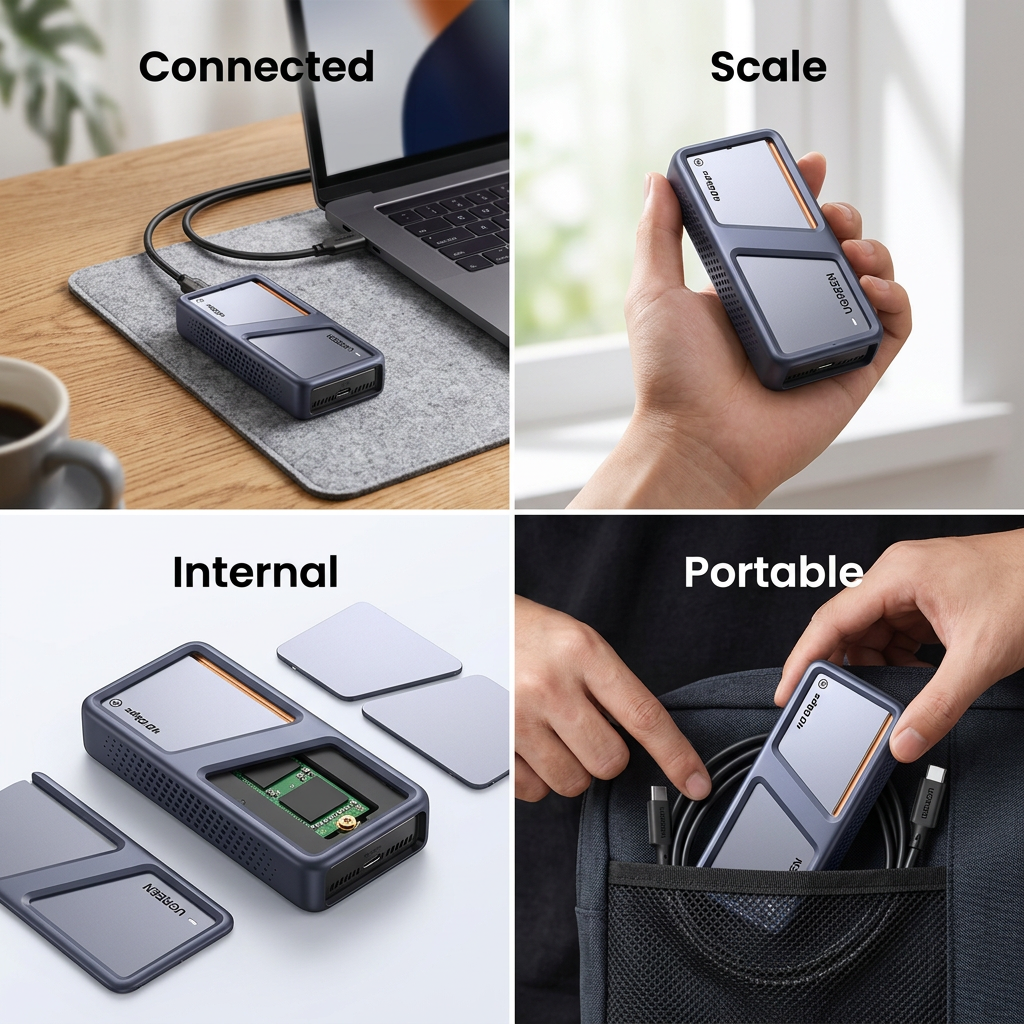 SSD enclosure in a bag pocket with a cable