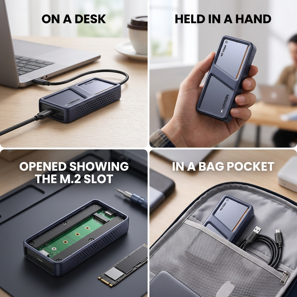 SSD enclosure on a desk connected by cable to a laptop