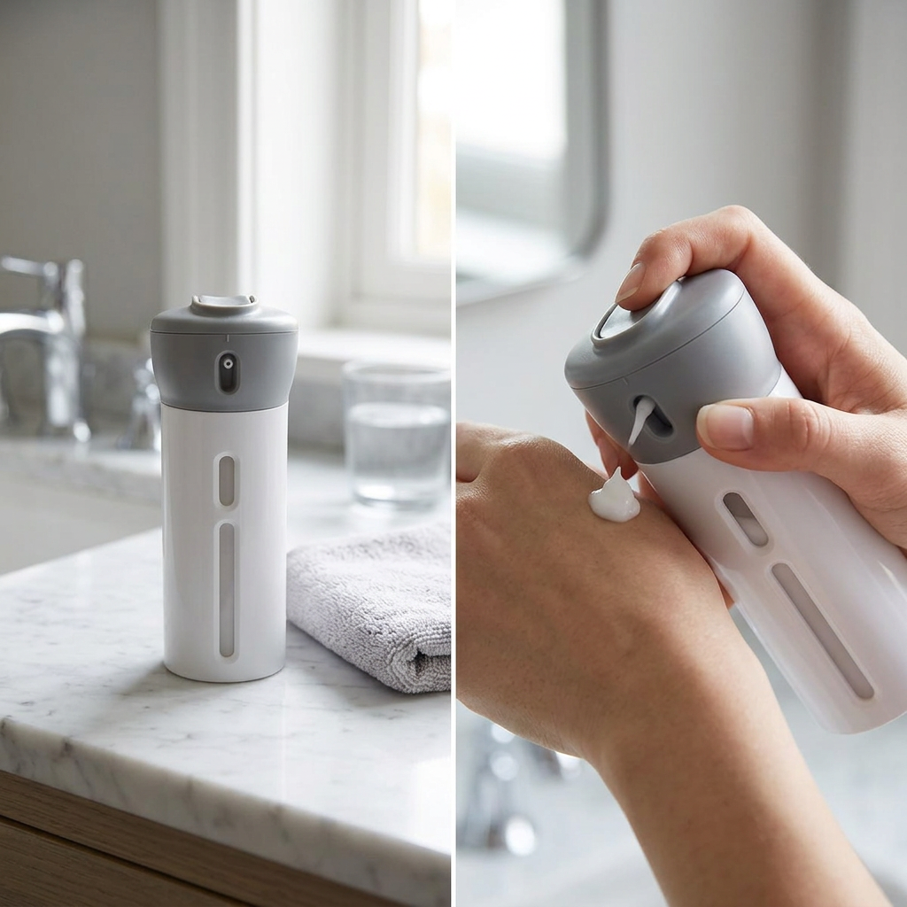 COLOUR:hui - dispenser held in a hand dispensing lotion