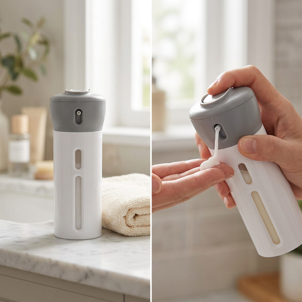 COLOUR:hui - travel liquid dispenser on a bathroom counter beside a towel