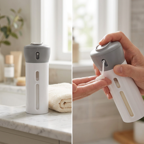COLOUR:hui - travel liquid dispenser on a bathroom counter beside a towel