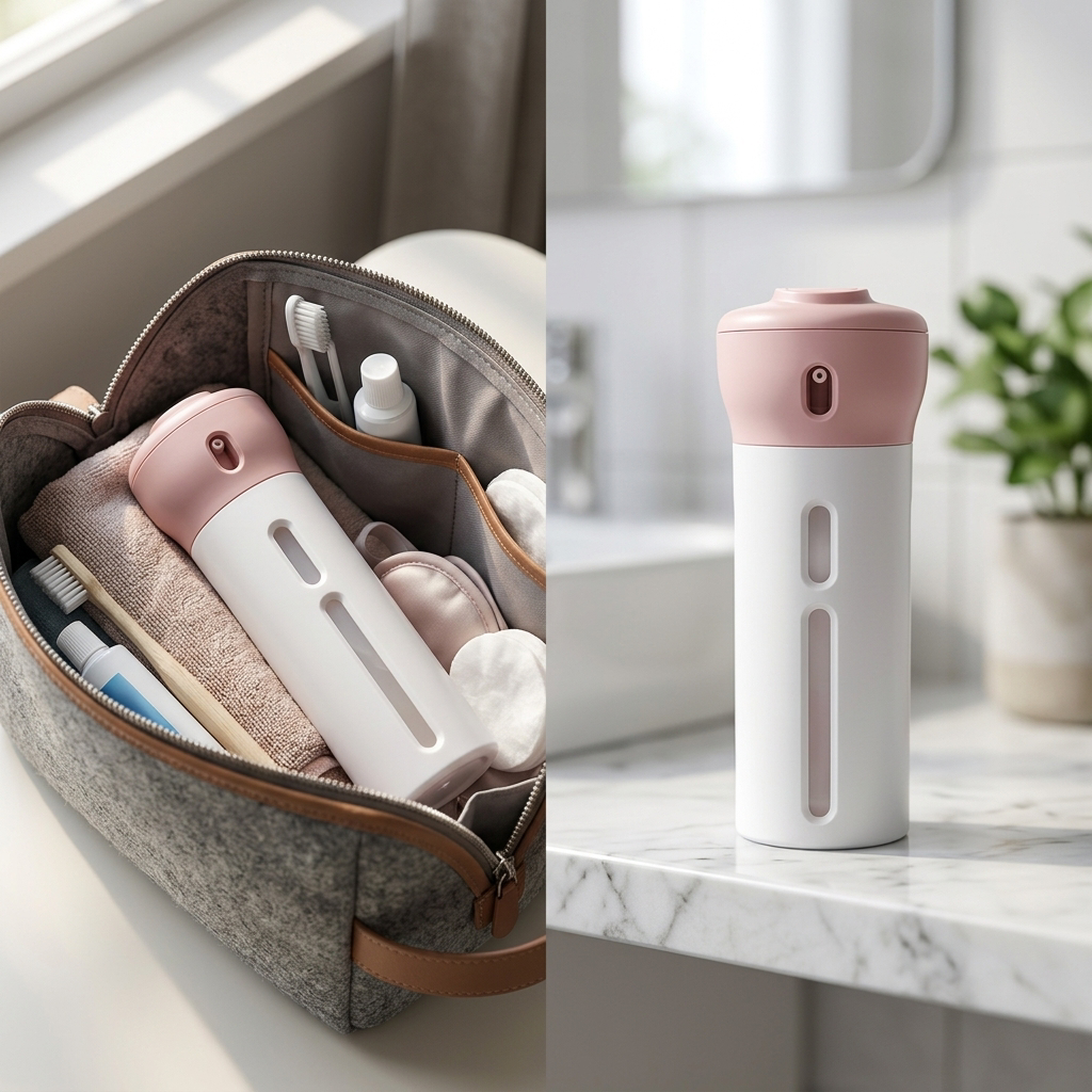 COLOUR:fen - dispenser standing on a marble bathroom shelf