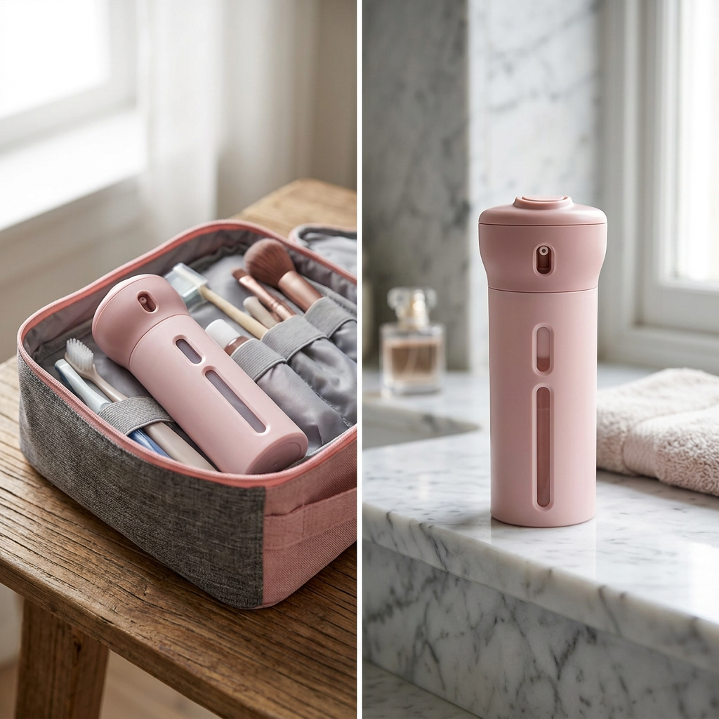 COLOUR:fen - dispenser packed in a toiletry bag ready for travel