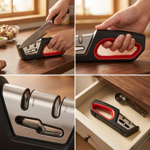 Kitchen sharpener in use sharpening a knife on a worktop