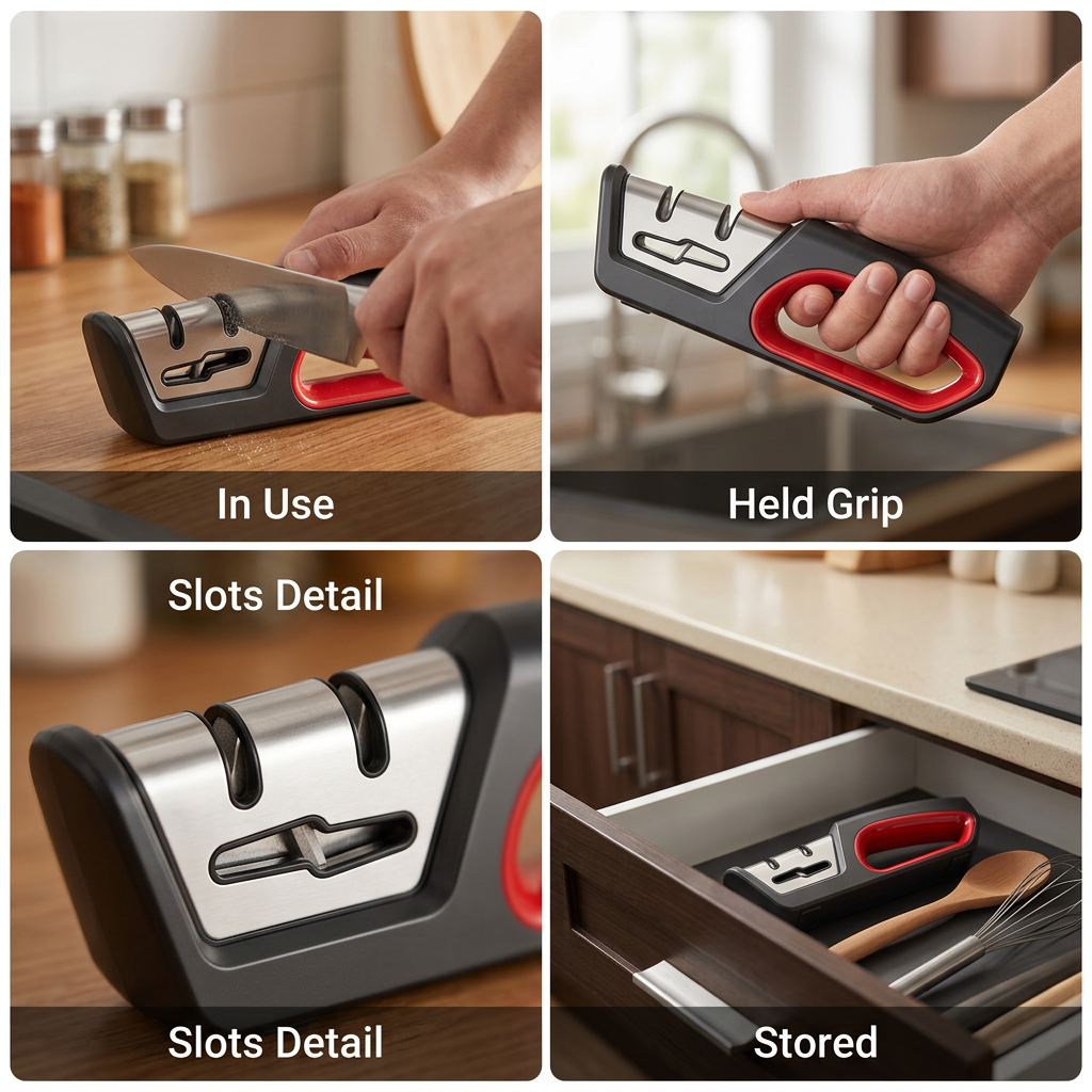 Sharpener held in a hand showing the grip