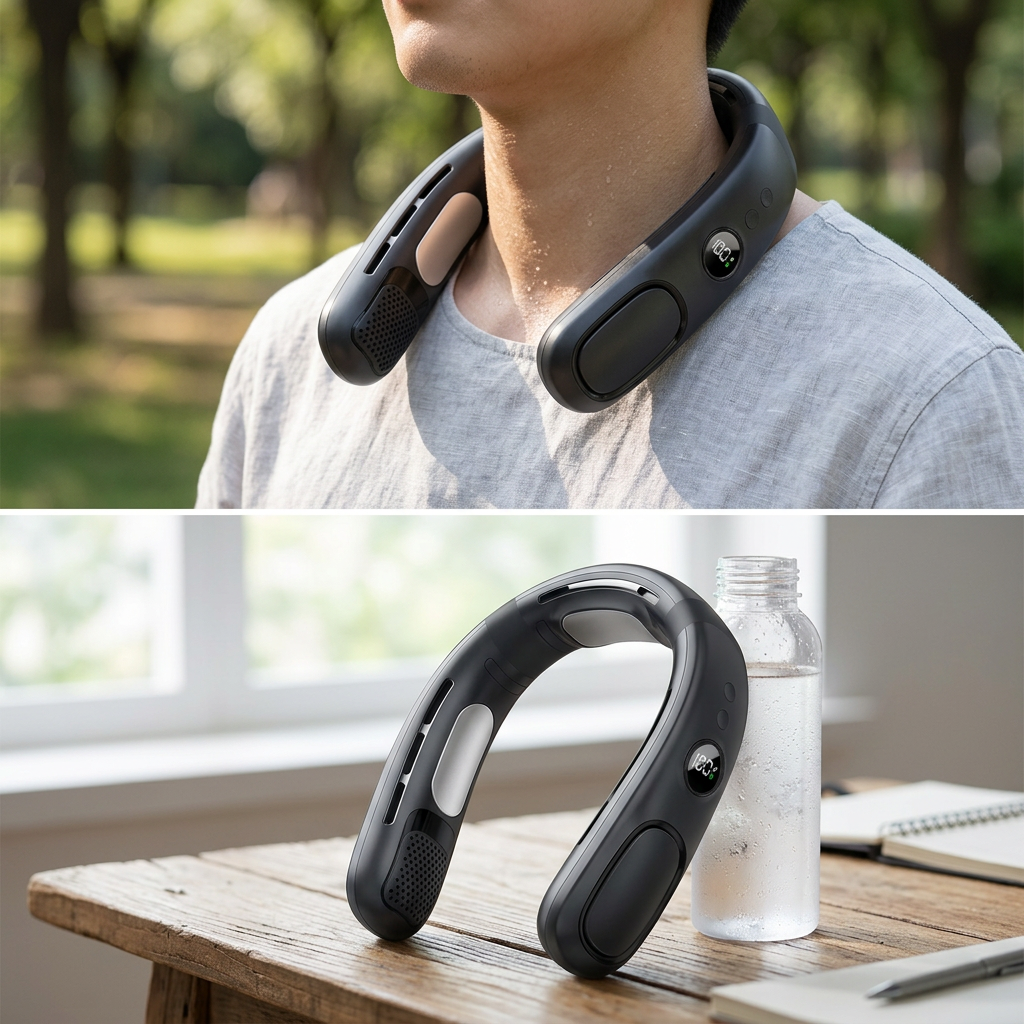 COLOUR:Black - bladeless neck fan worn outdoors on a warm day