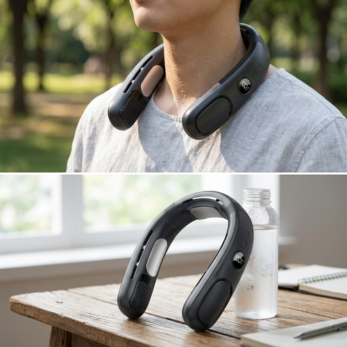COLOUR:Black - bladeless neck fan worn outdoors on a warm day