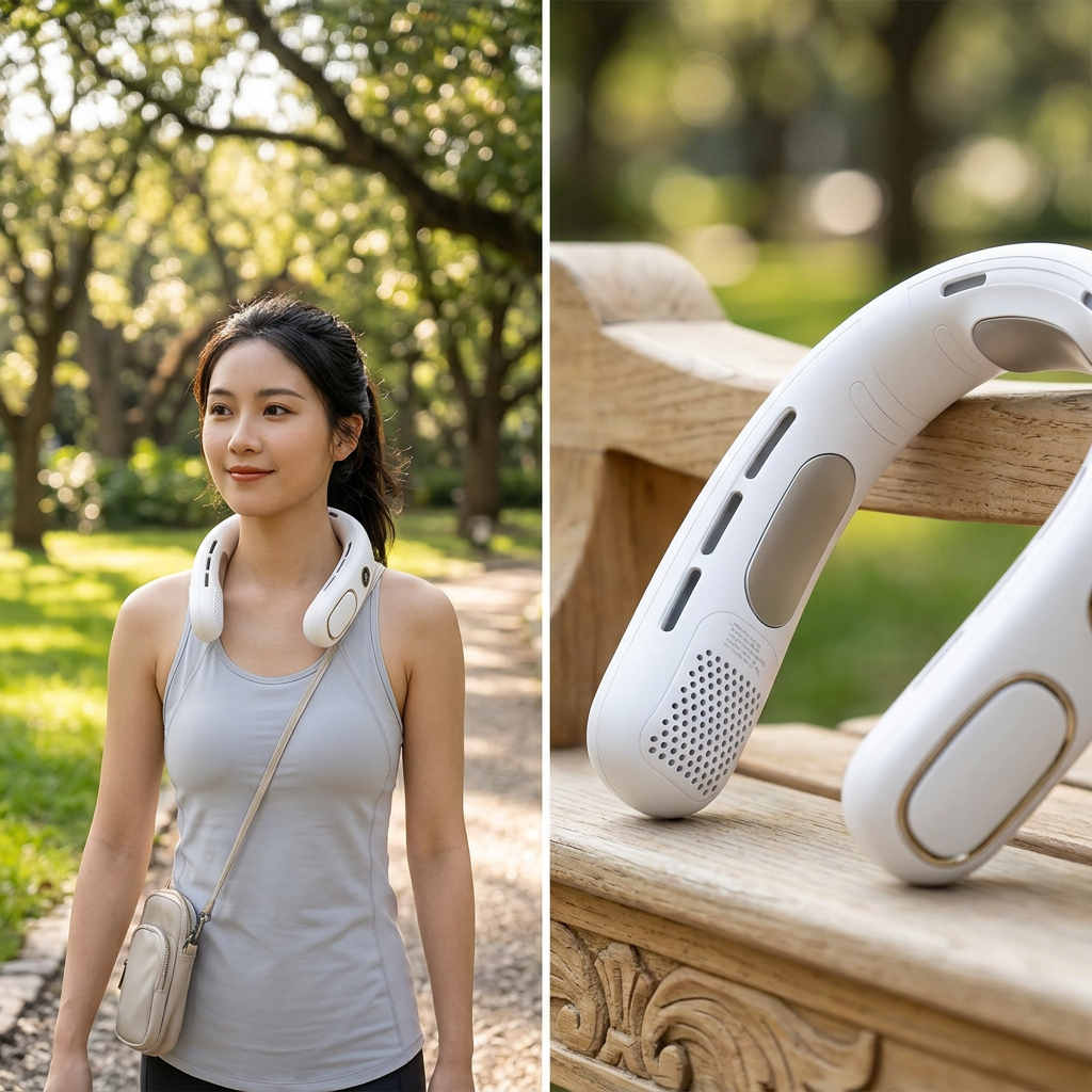 COLOUR:White - bladeless neck fan worn walking in a park