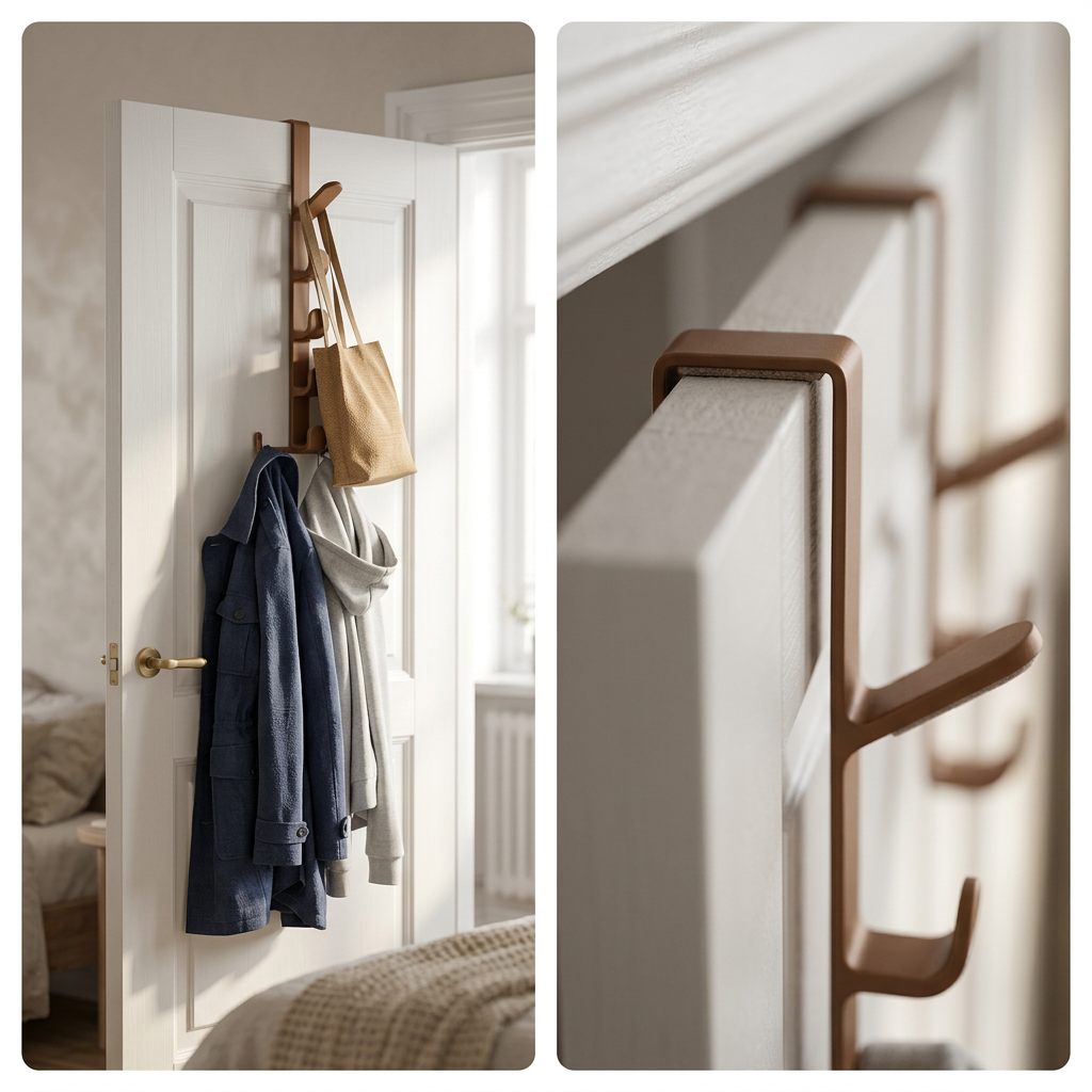 COLOUR:brown - over-door rack mounted on a bedroom door holding coats and a bag