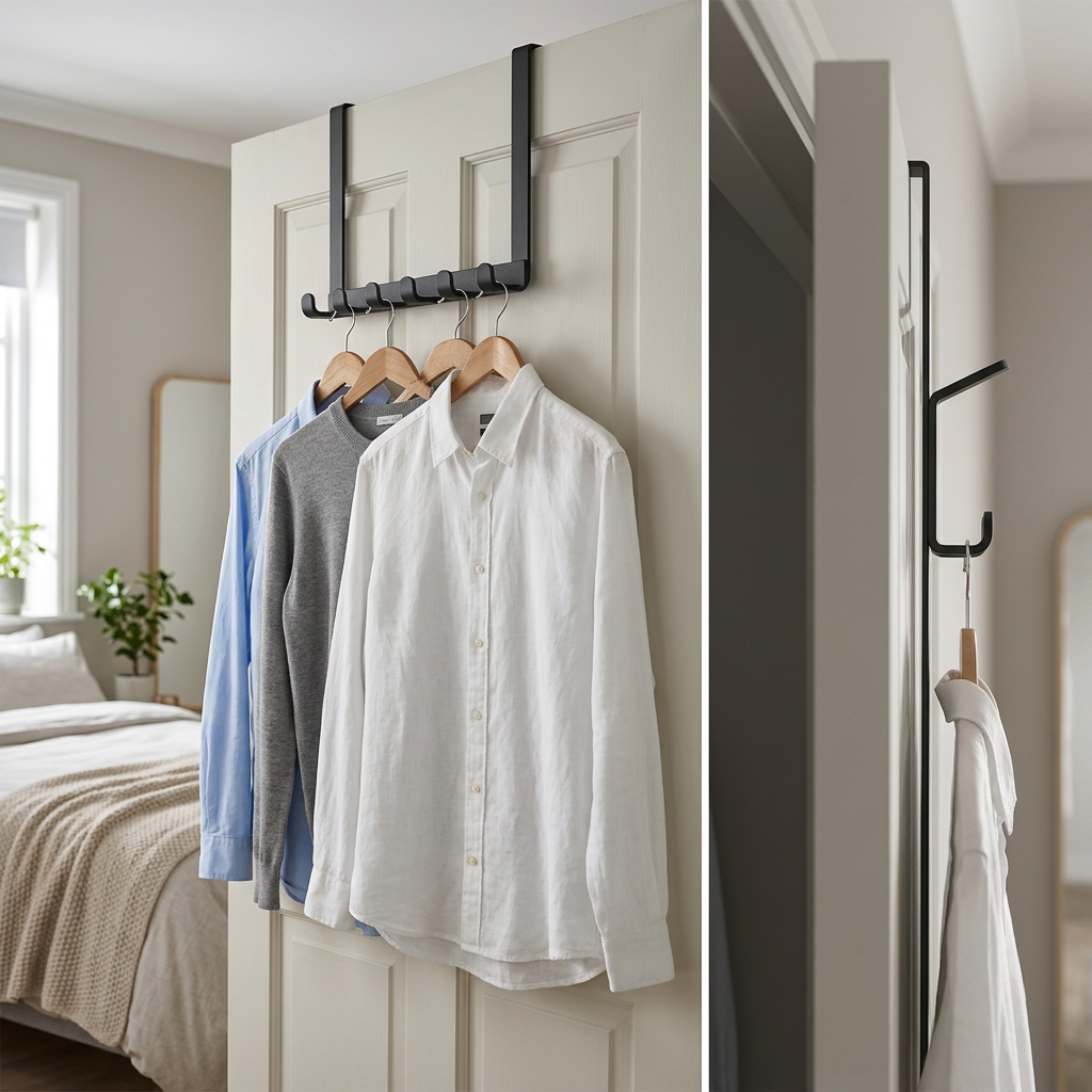 COLOUR:black - over-door rack on a wardrobe door holding shirts on hangers