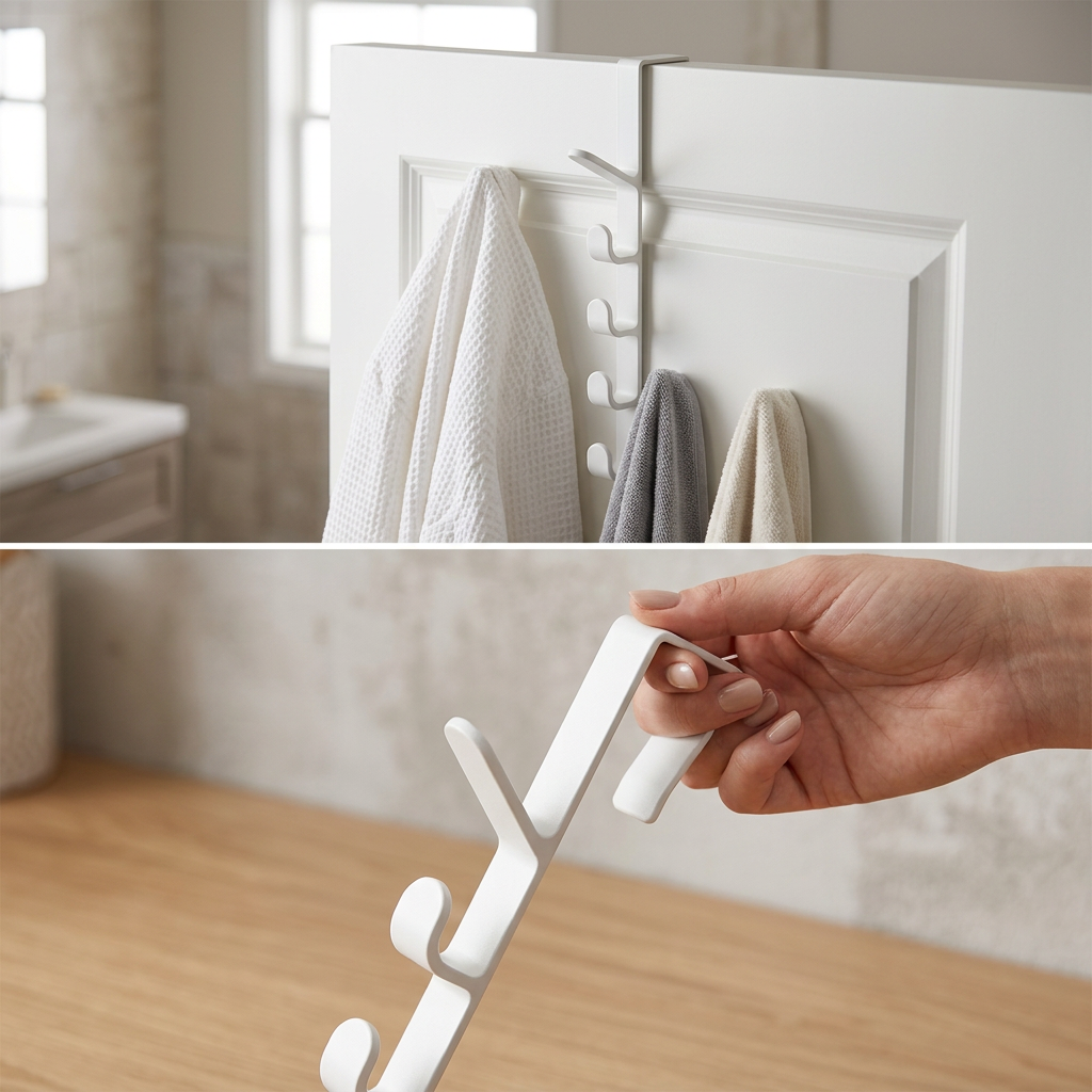 COLOUR:white - over-door rack on a bathroom door holding towels and a robe