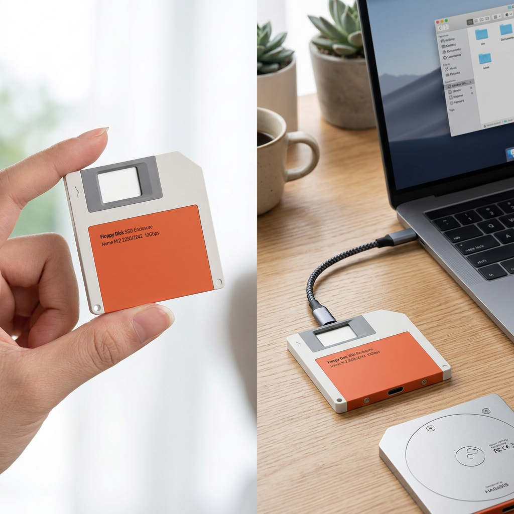 COLOUR:Orange - SSD enclosure connected by cable to a laptop on a desk