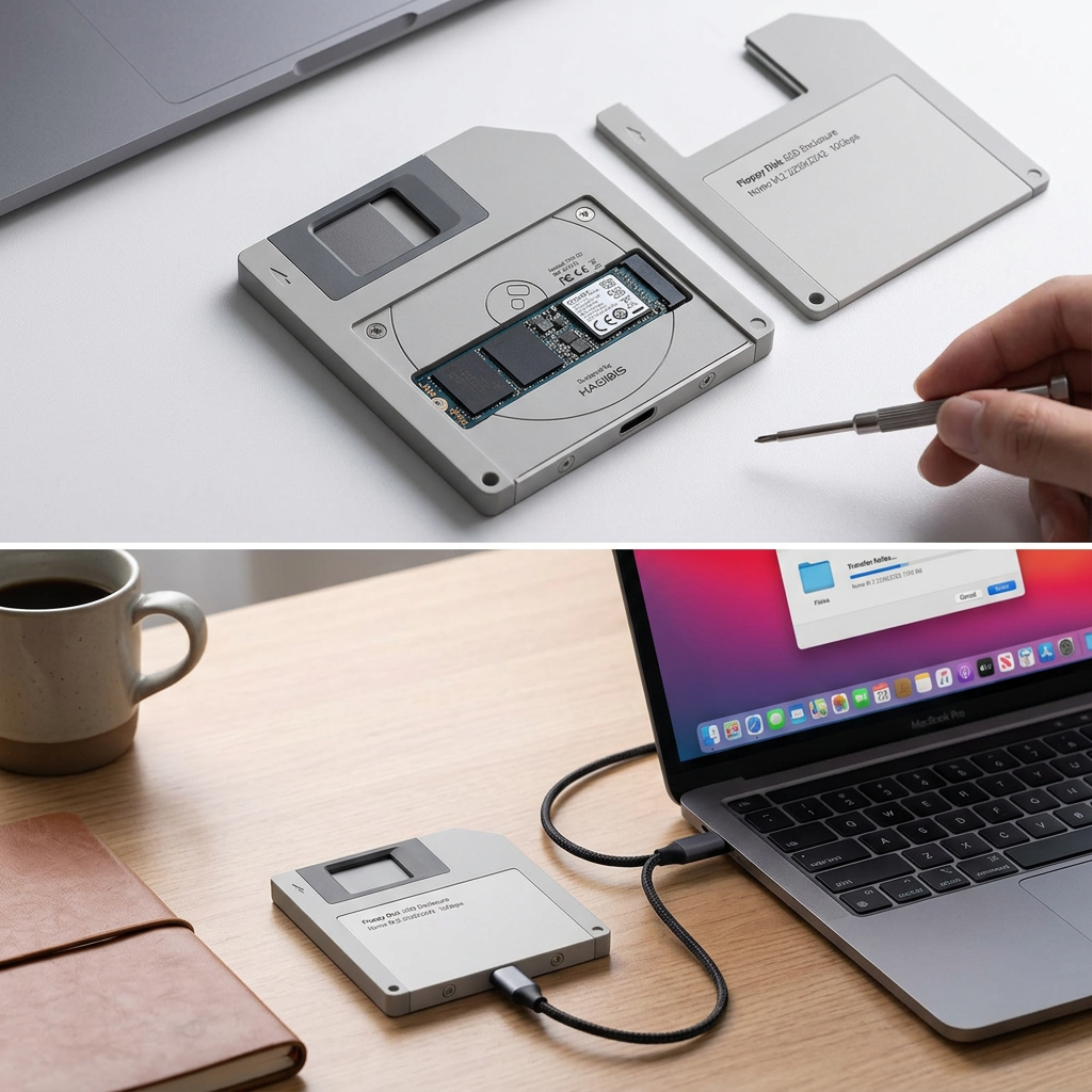 COLOUR:Grey - SSD enclosure opened showing the M.2 slot inside