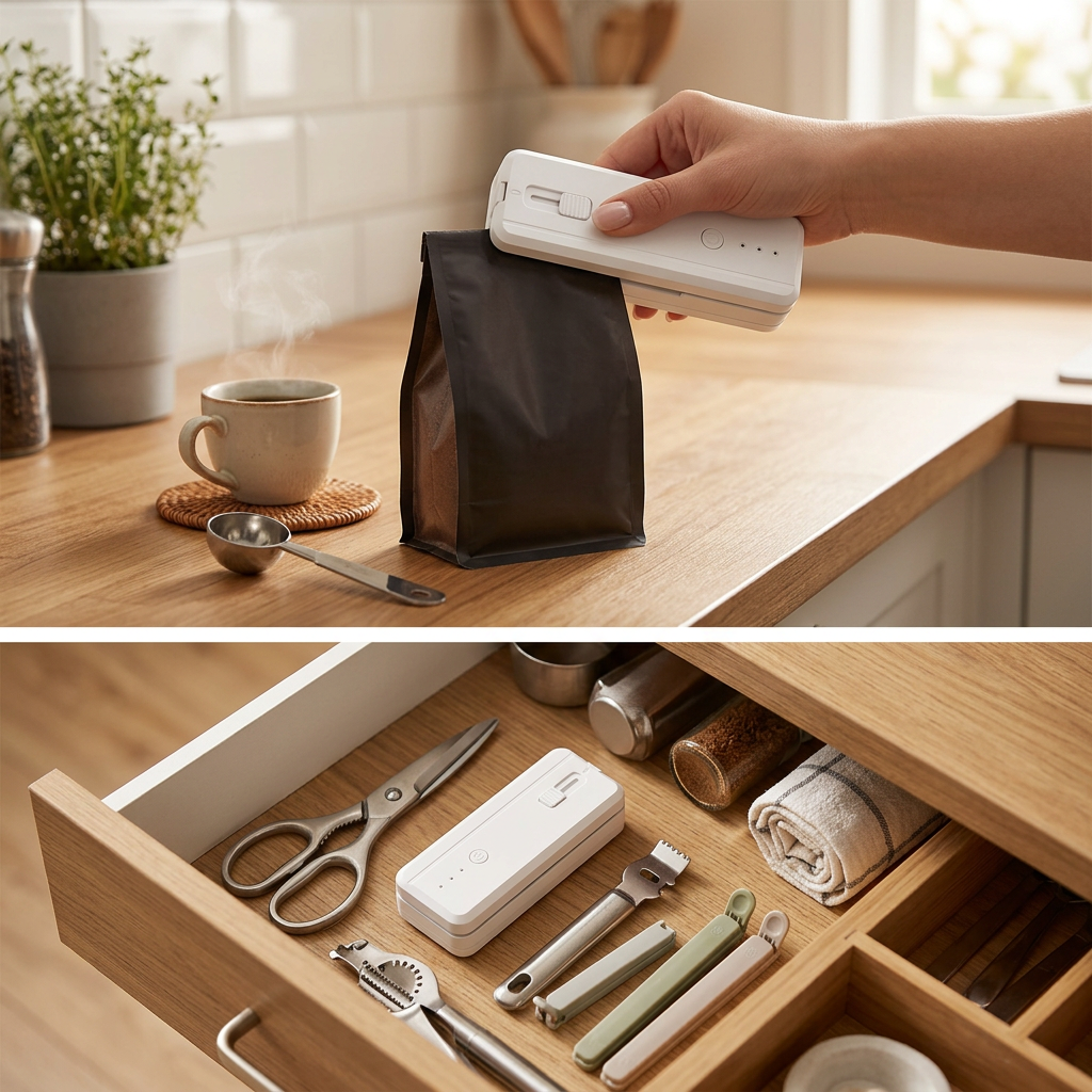COLOUR:WHITE - sealing a coffee bag on a tidy worktop
