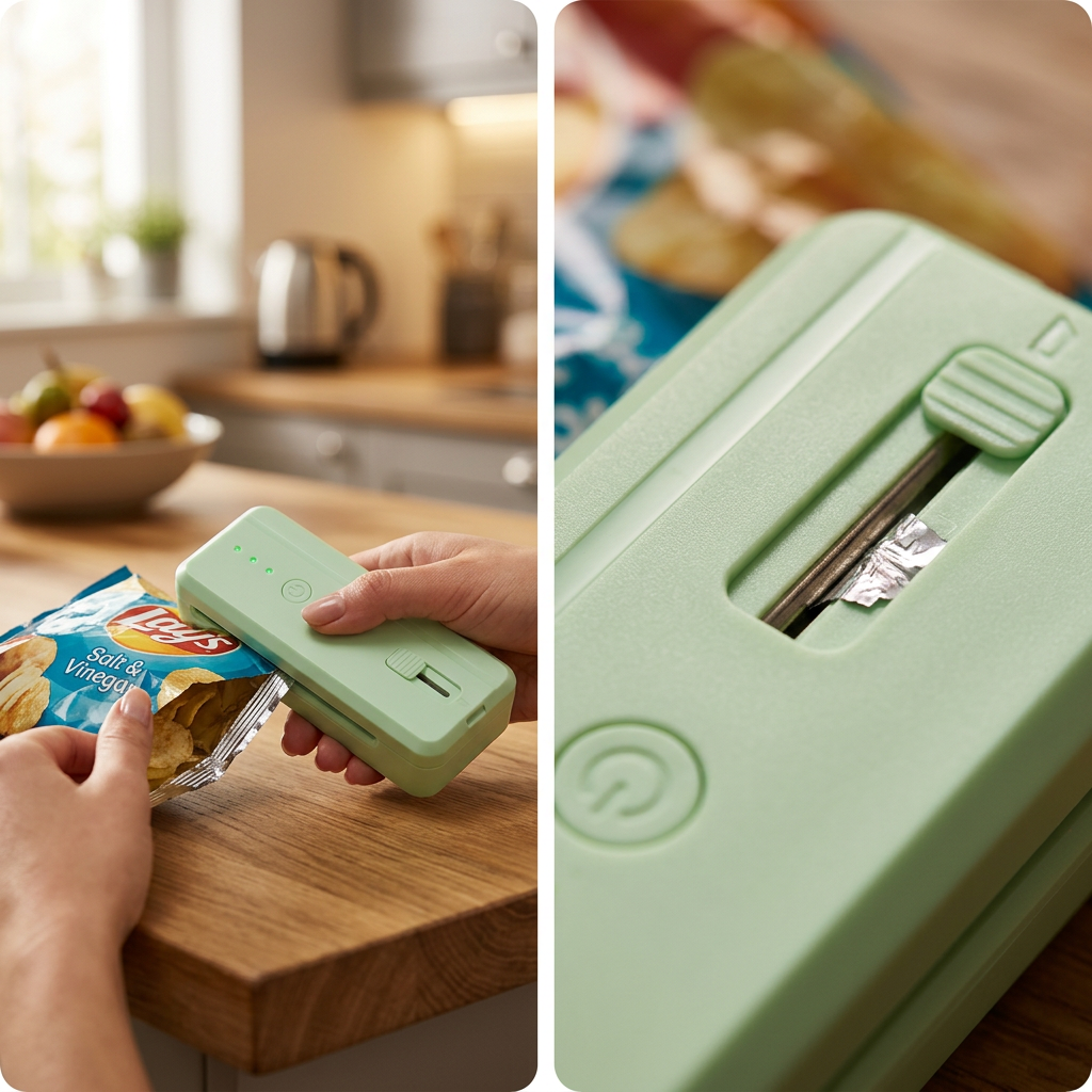COLOUR:Green - sealing a bag of crisps on a kitchen island