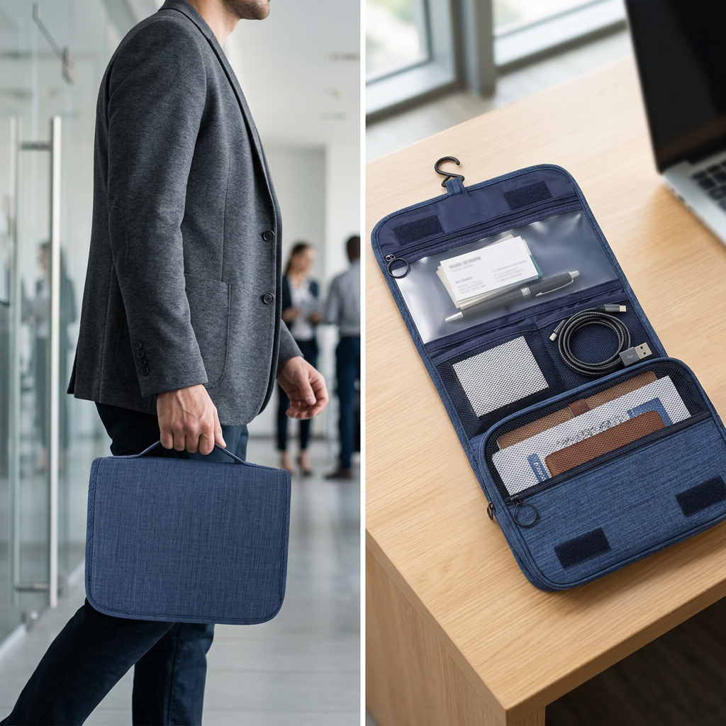 COLOUR:Blue - bag open on a desk showing internal compartments