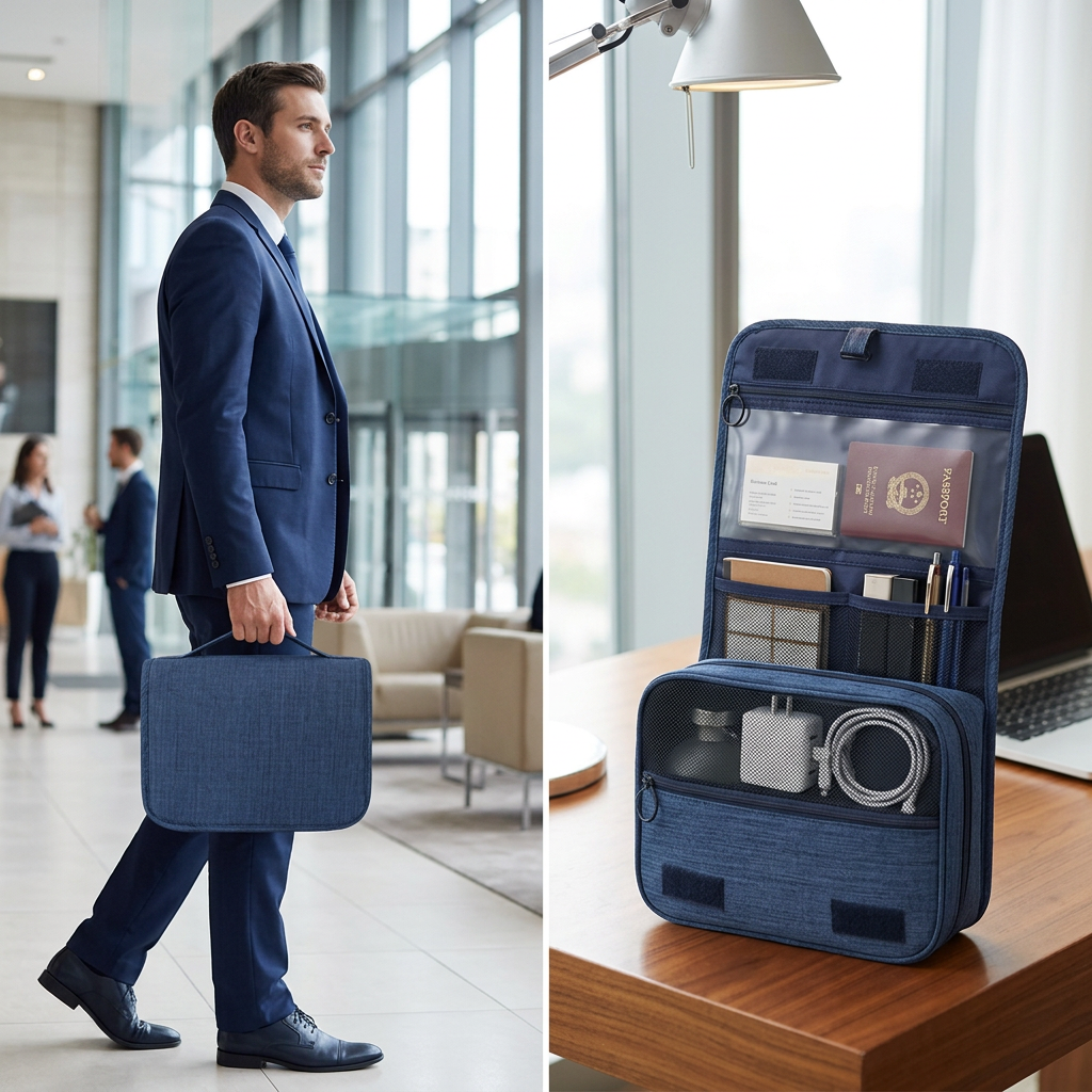 COLOUR:Blue - Oxford storage bag carried by the handle in a business setting