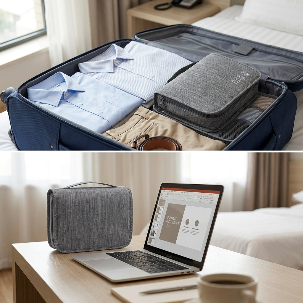 COLOUR:Grey - bag standing on a hotel desk beside a laptop