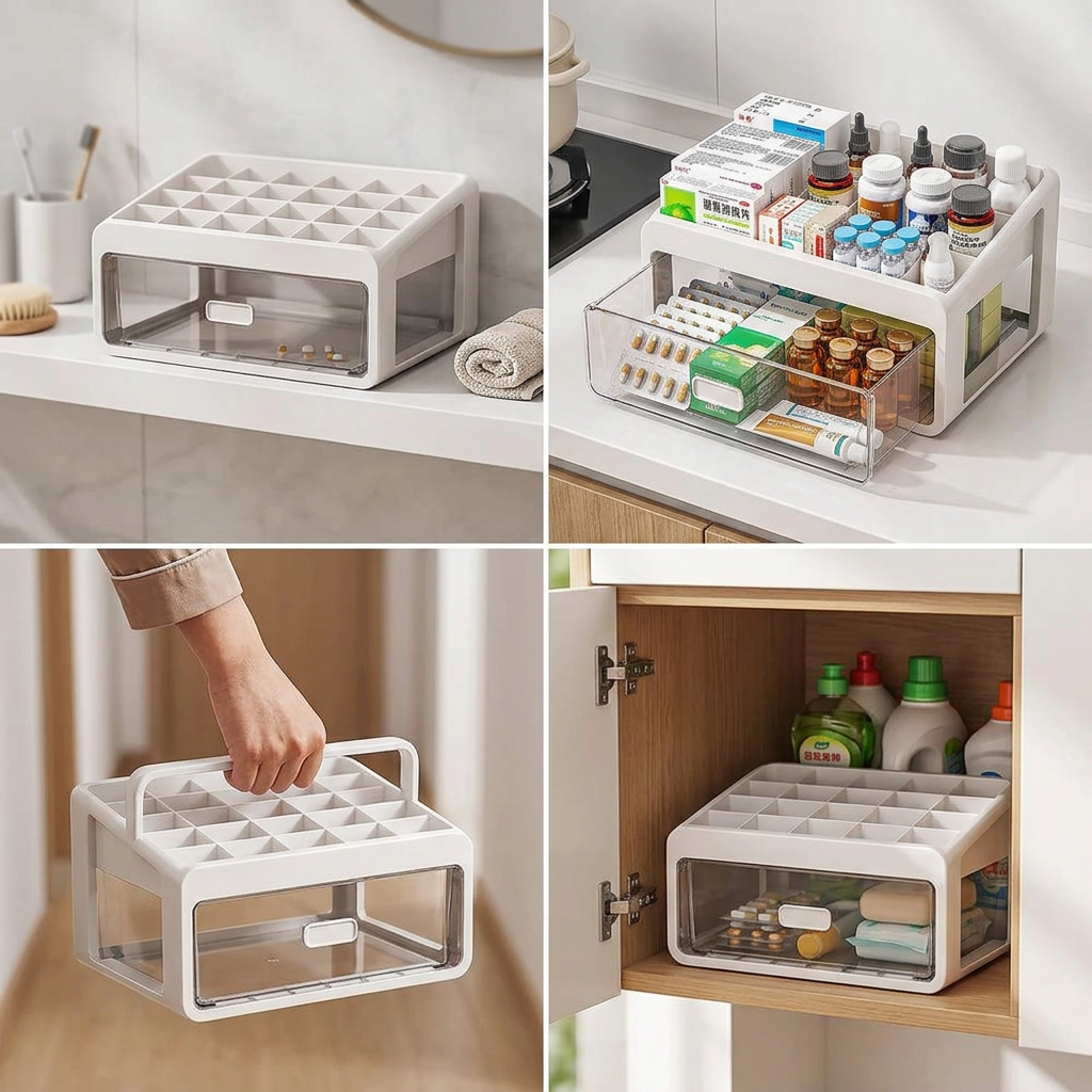 Drawer pulled open showing medicines organised inside
