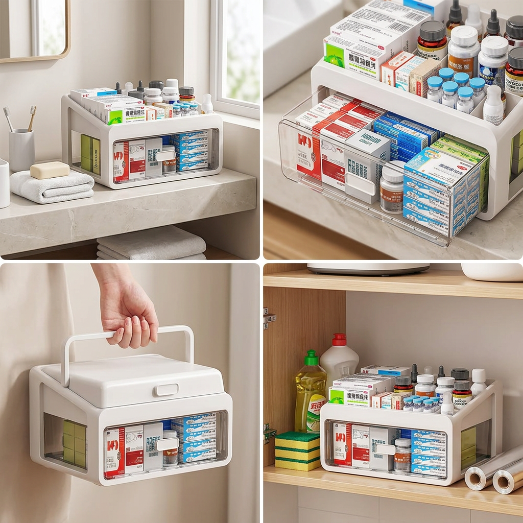 Medical storage box on a bathroom shelf with drawers closed