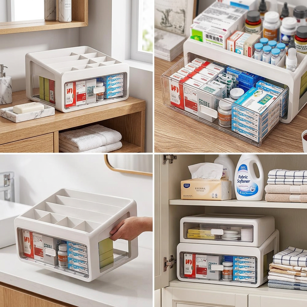 Storage box in a cupboard beside other household items