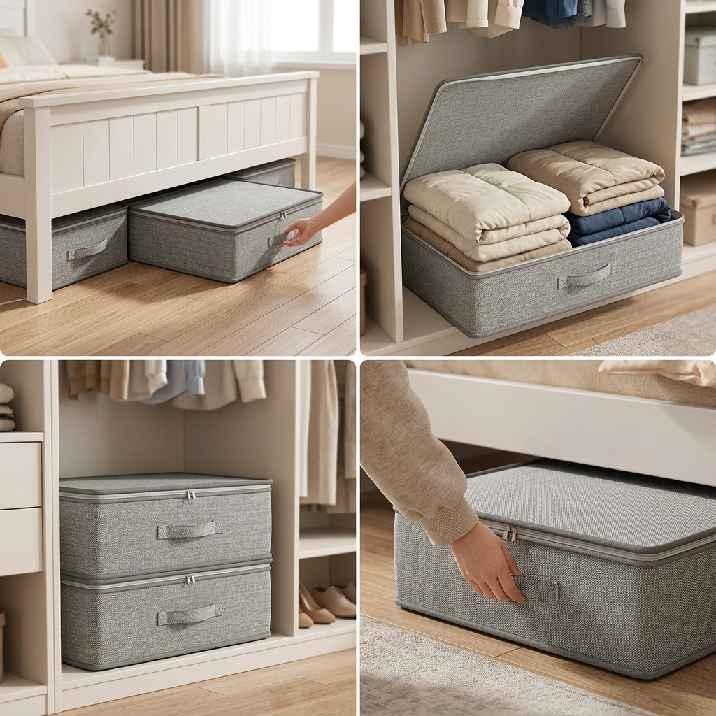 Storage box lid open showing folded blankets inside
