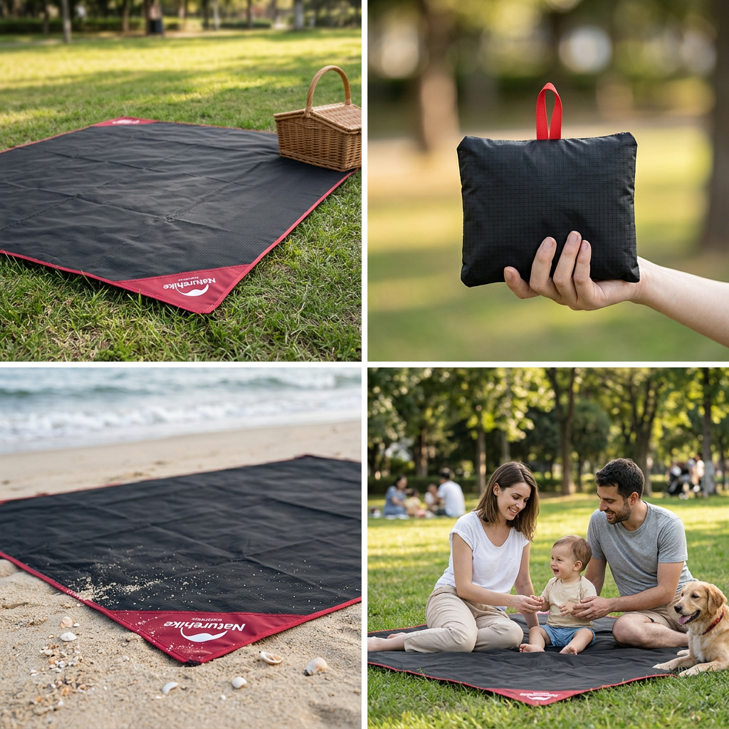 Picnic blanket laid on sand at the beach