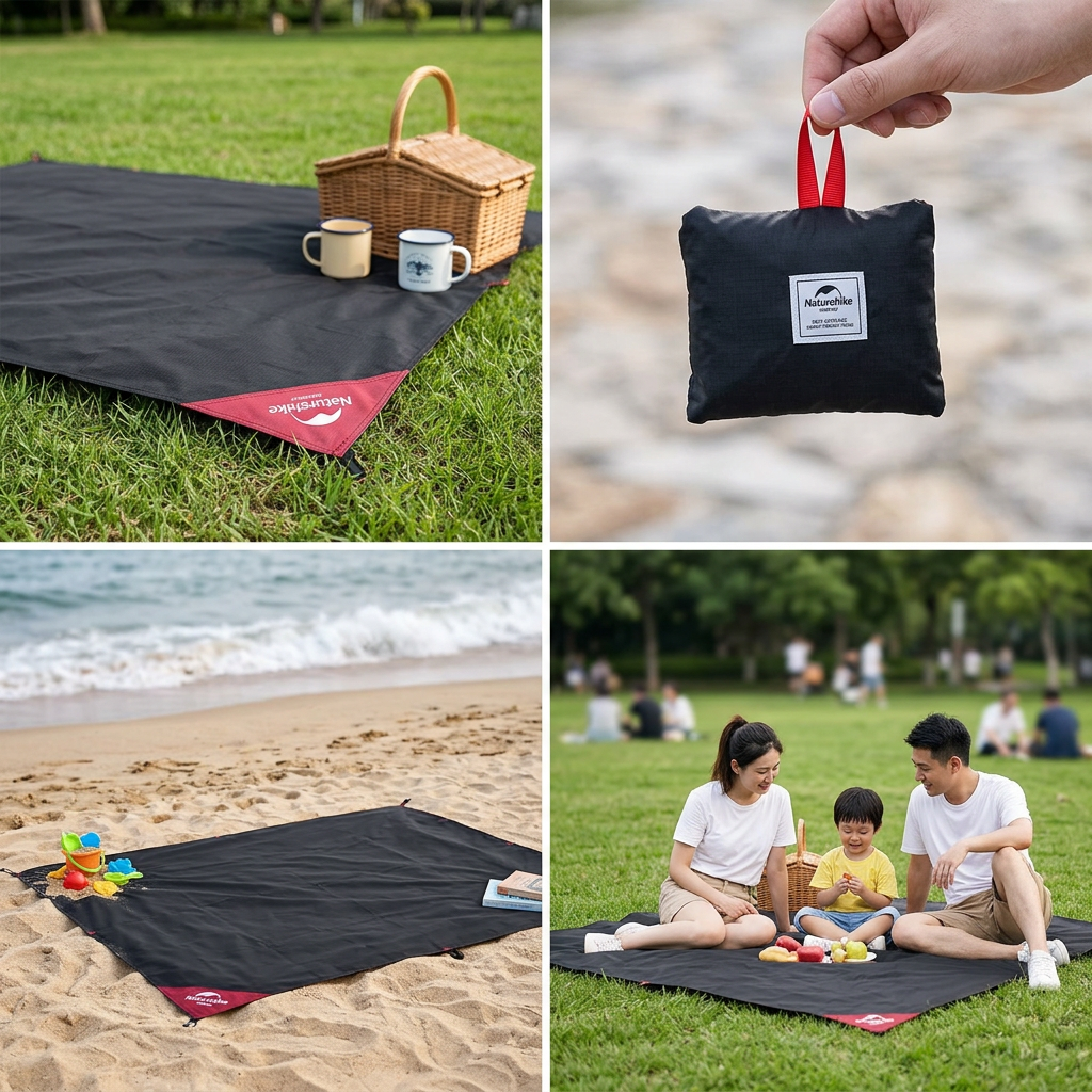 Picnic blanket spread on grass in a park with a picnic basket