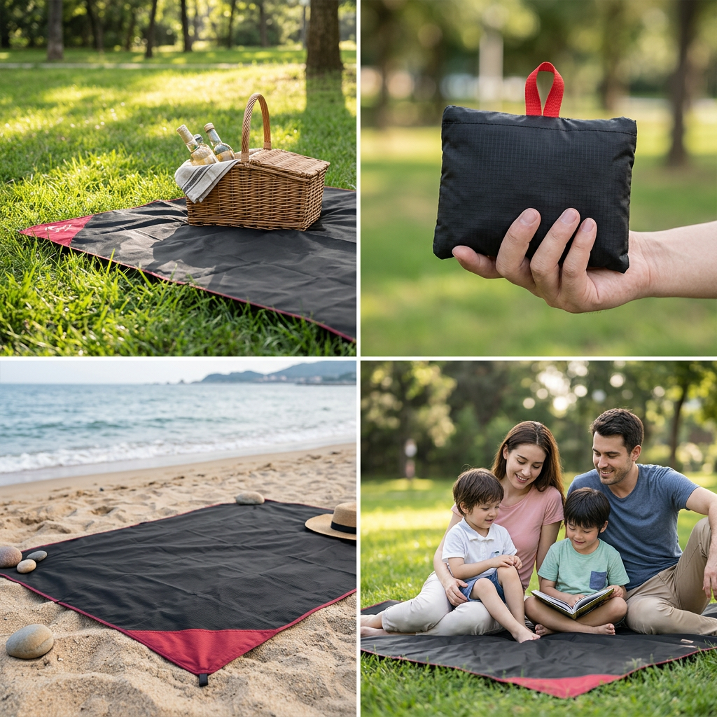 Blanket folded into its pocket pouch held in a hand
