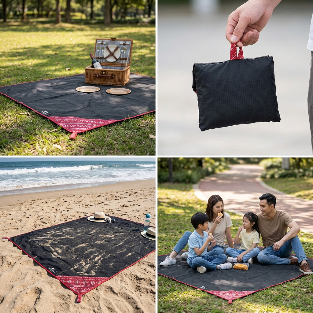A family sitting on the picnic blanket