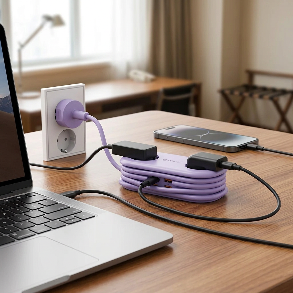COLOUR:65W GaN EU Purple - travel power strip on a hotel desk with devices plugged in