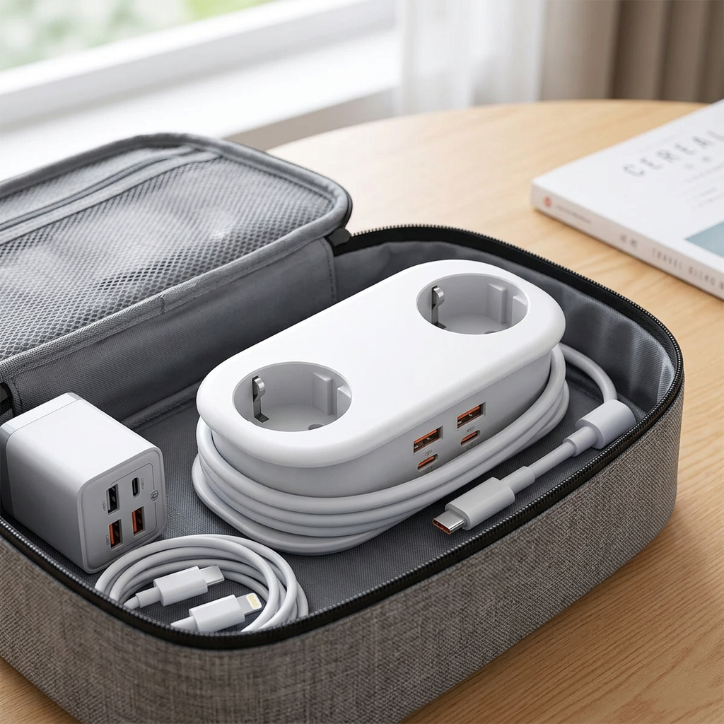 COLOUR:65W GaN EU White - power strip packed in a travel bag with cables