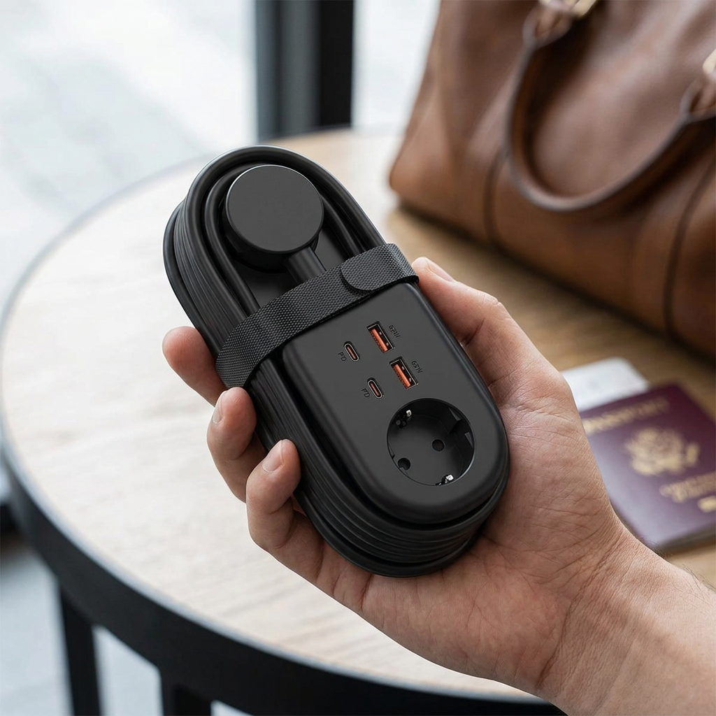 COLOUR:65W GaN EU Black - power strip held in a hand with cable wrapped around the body
