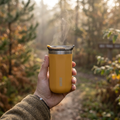 COLOUR:Amber Yellow - insulated mug held on a morning walk with steam rising