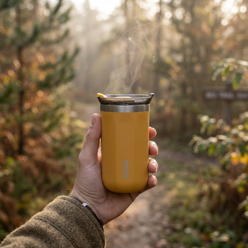 COLOUR:Amber Yellow - insulated mug held on a morning walk with steam rising
