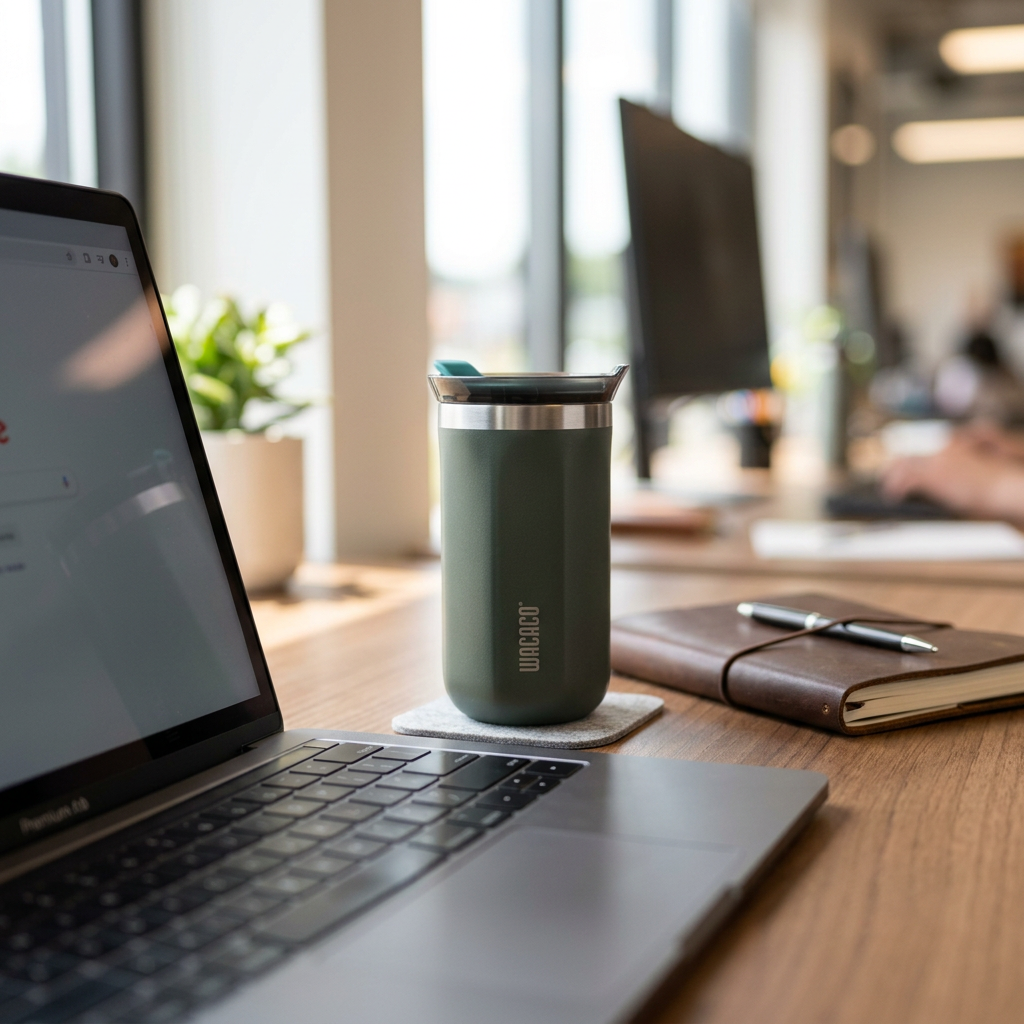 COLOUR:Dim Grey - insulated mug on a desk beside a laptop and notebook