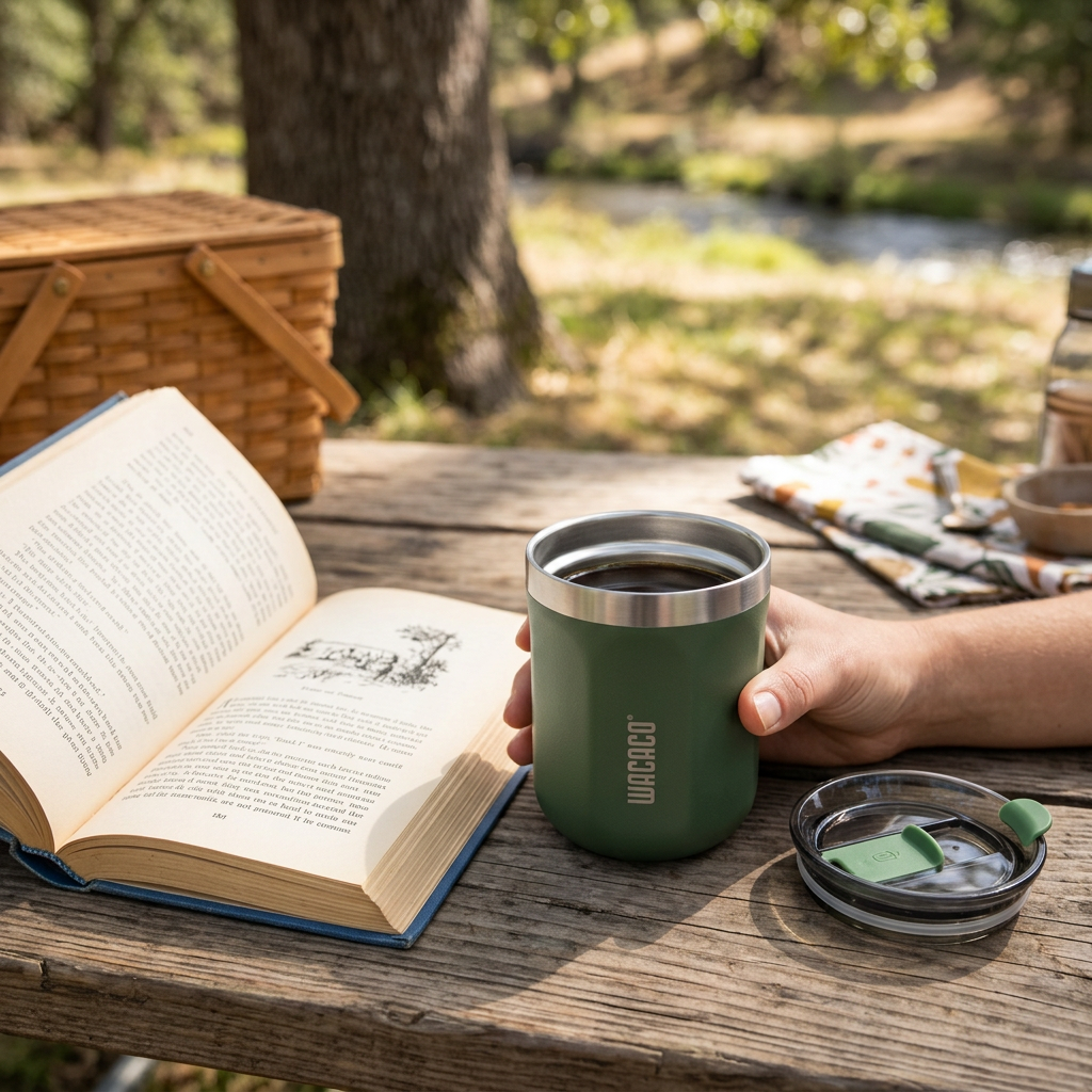 COLOUR:Pomona Green - insulated mug on a picnic table with the lid off beside a book