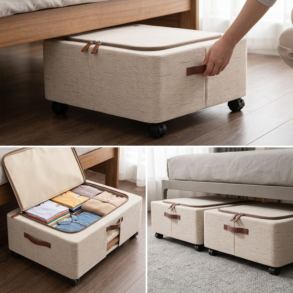 Two storage boxes side by side under a bed frame