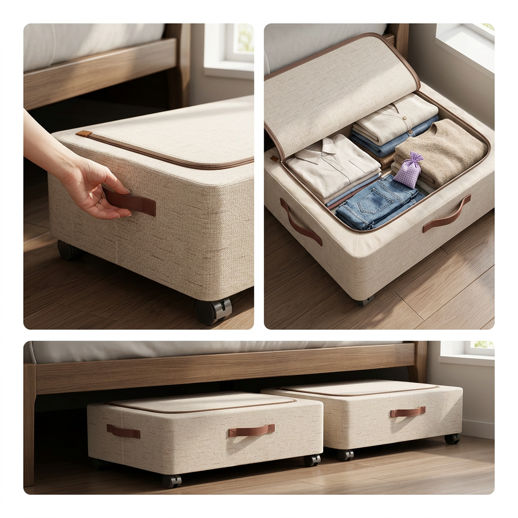 Storage box lid open showing folded clothes inside