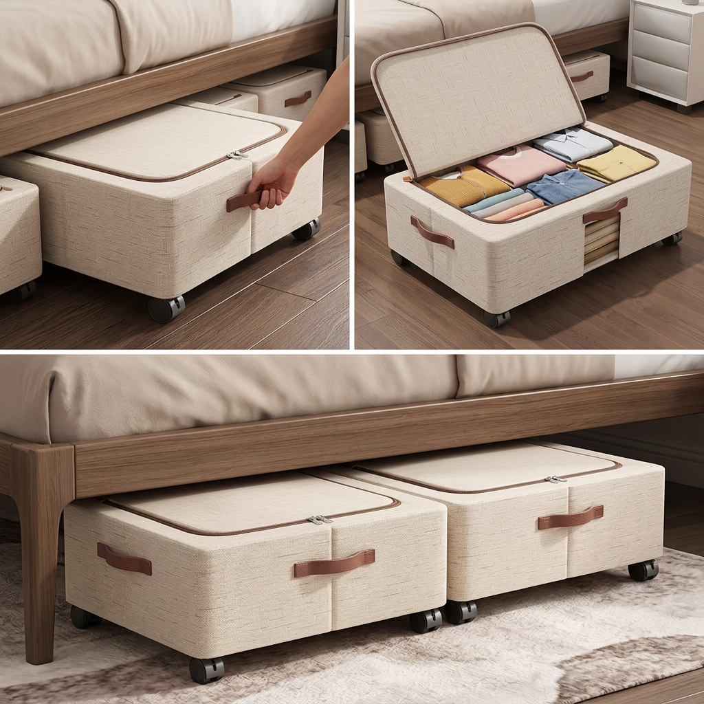 Under-bed storage box being rolled out by the handle