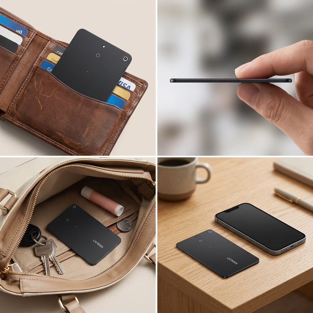Finder card inside a handbag beside keys