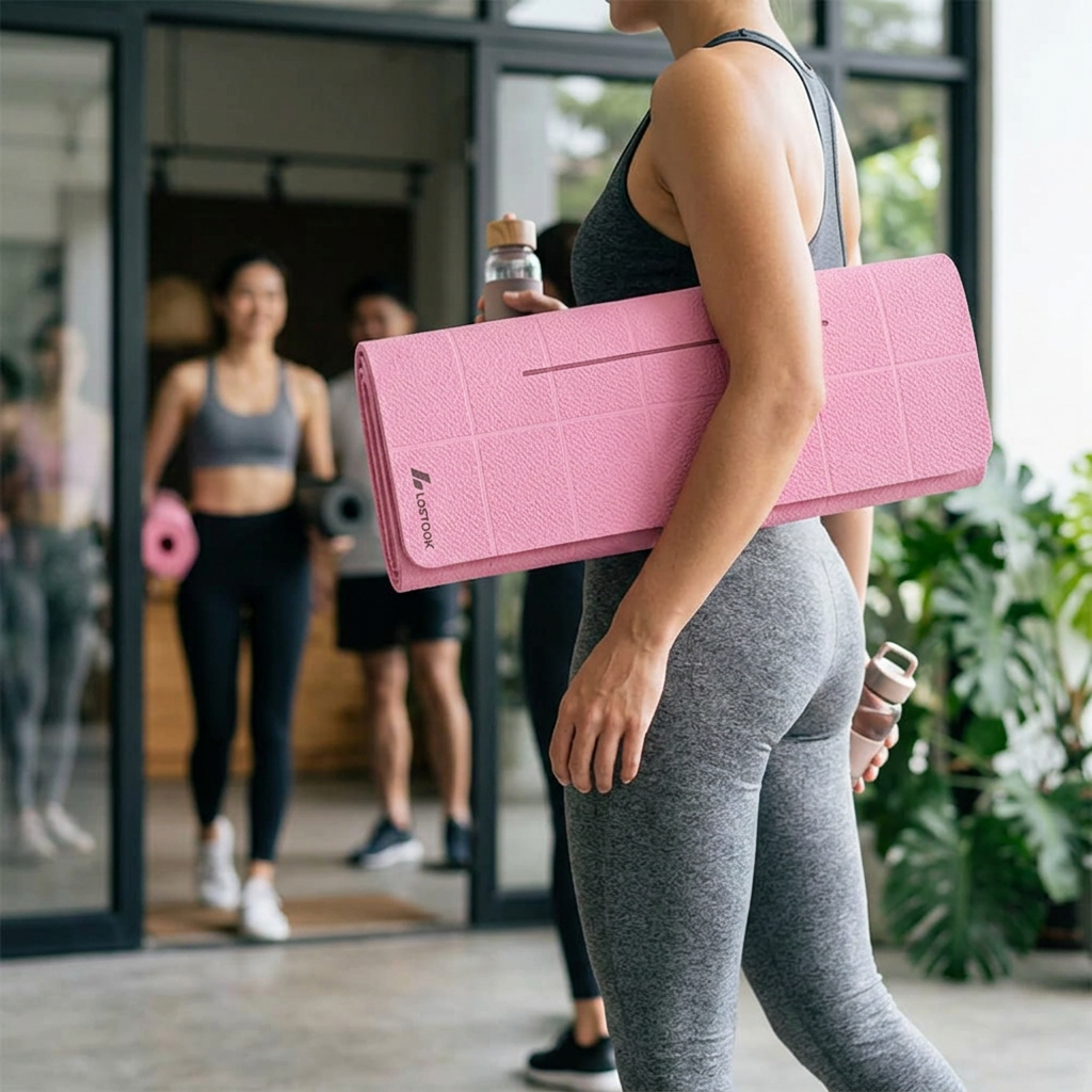 COLOUR:Pink - yoga mat folded compactly and carried under an arm