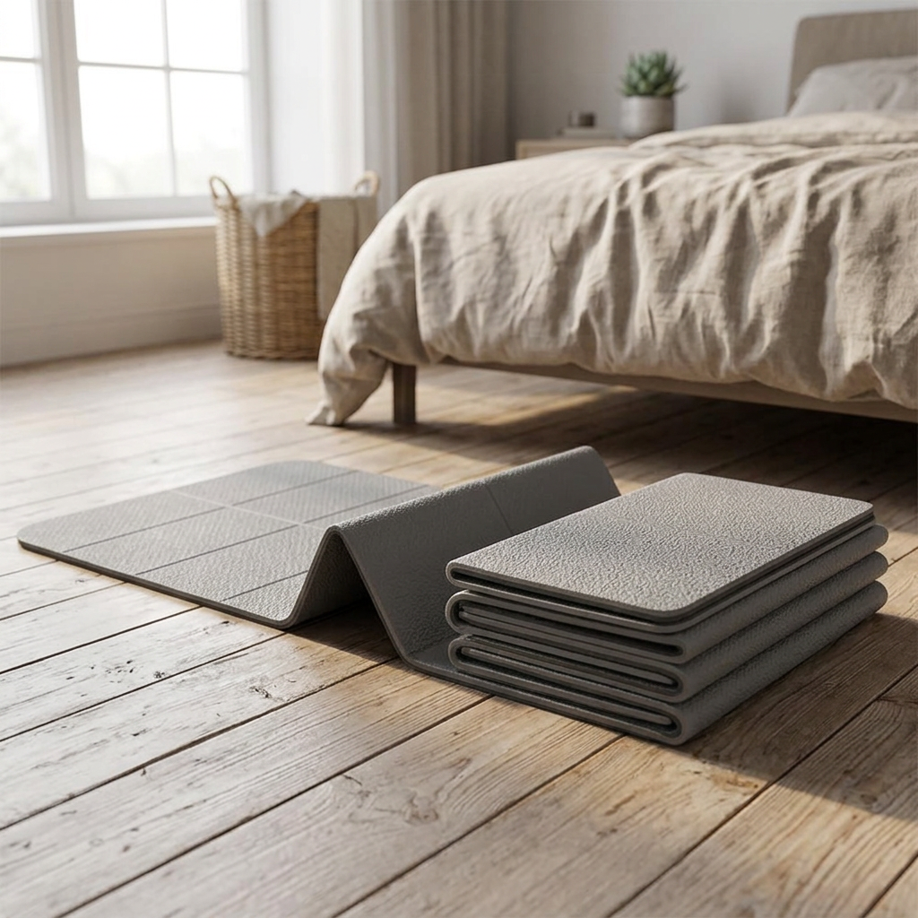 COLOUR:Gray - yoga mat partly folded showing the fold sections and thickness