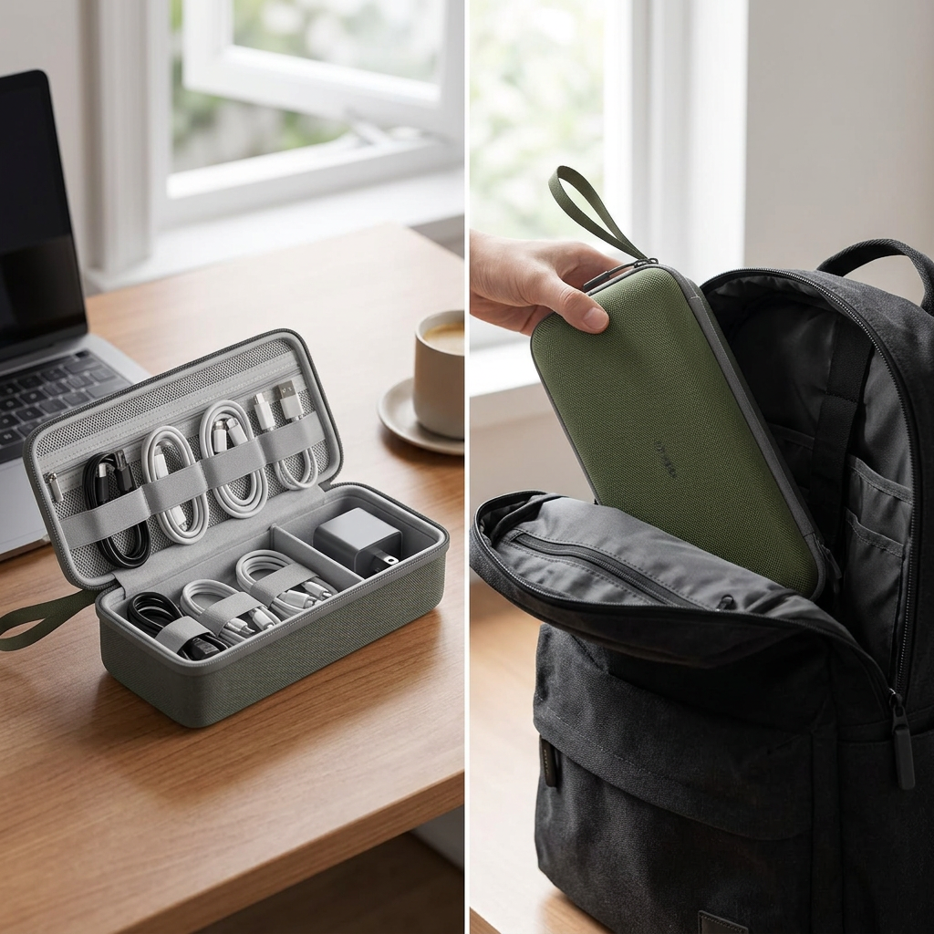 COLOUR:Extra Large Green - cable organiser open on a desk with cables in the elastic loops