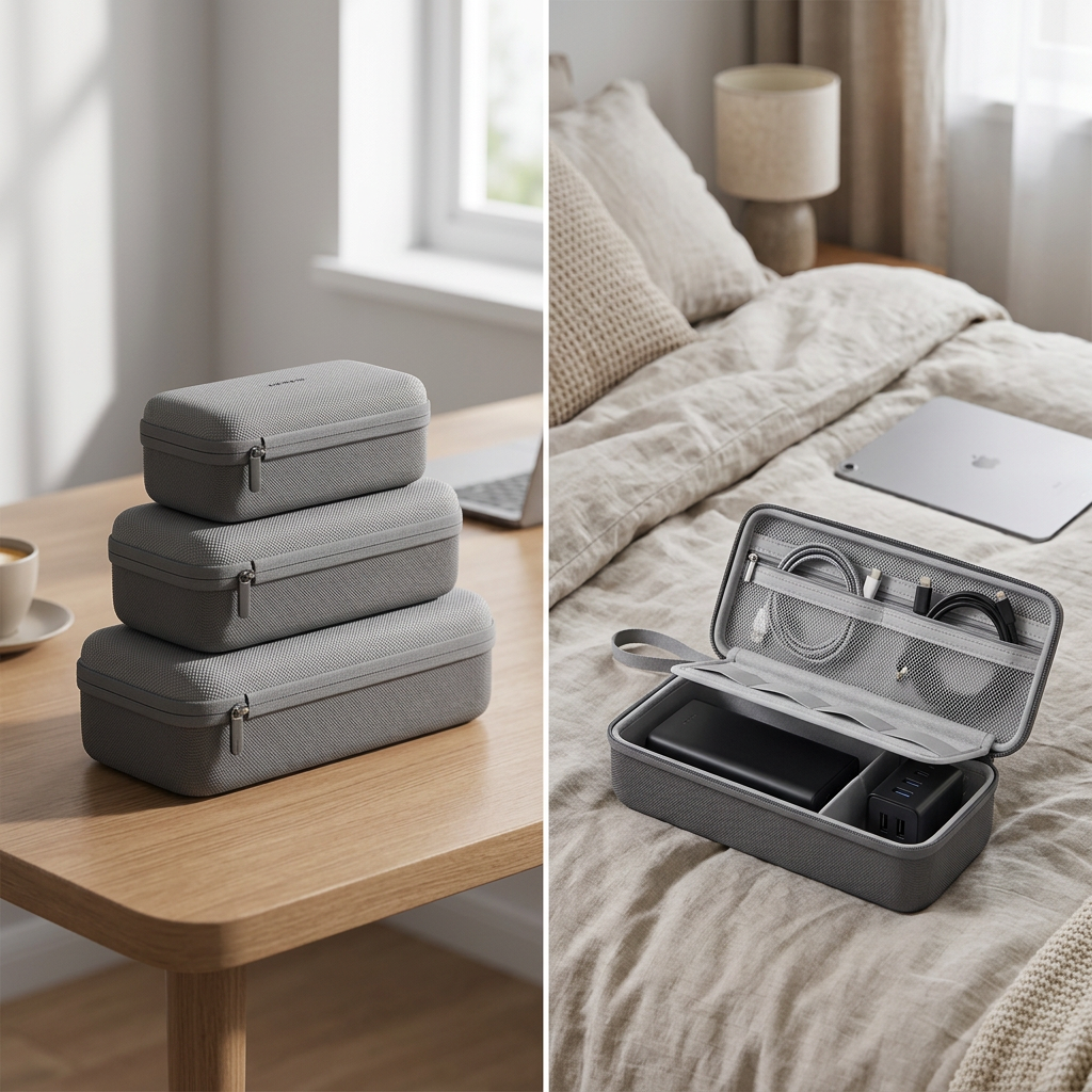 COLOUR:Large Grey - organiser open on a bed with a tablet and cables inside