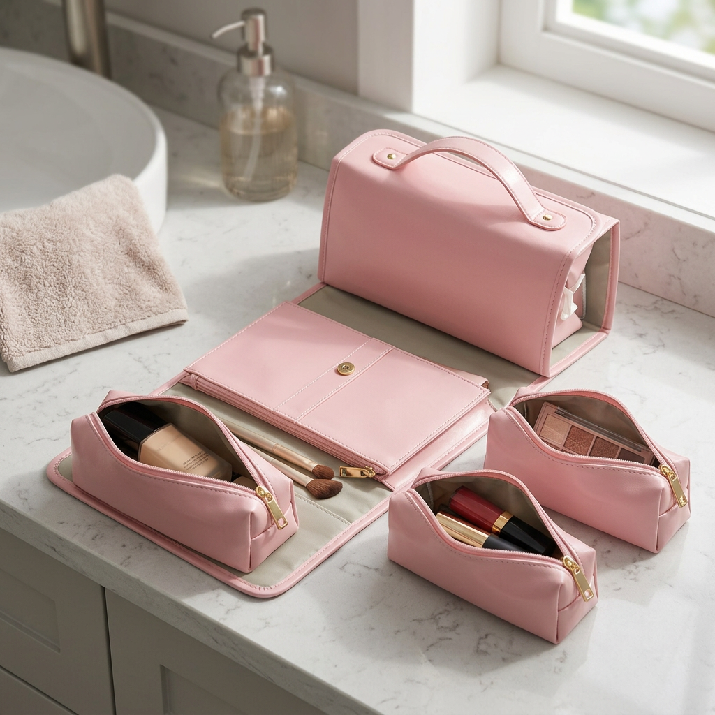 COLOUR:Pink - makeup bag open on a bathroom counter with cosmetics inside