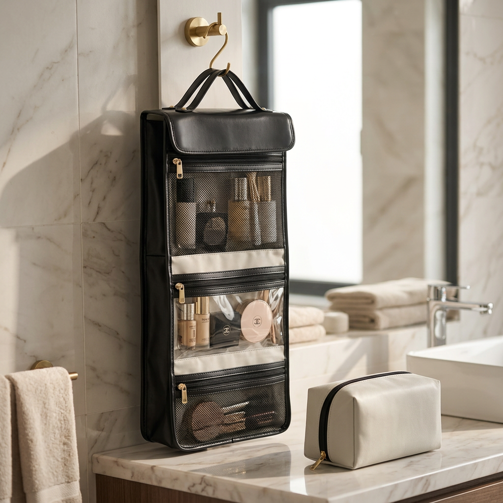 COLOUR:Black - makeup bag hanging open with the detachable pouch separated
