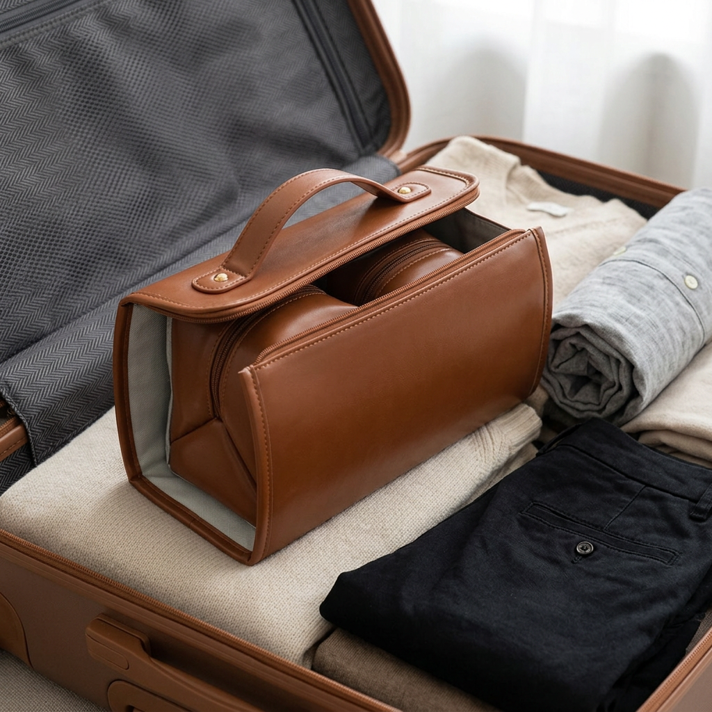 COLOUR:Brown - makeup bag packed inside a suitcase alongside folded clothes
